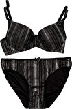 Kadın Sütyen Takımı Siyah Yaldızlı Çizgili Yarım Destekli
