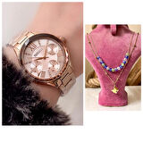 Ferrucci RoseGold Çelik Kristal Efektli Kasa Kadın Kol Saat+%100 Çelik Kolye Hediye