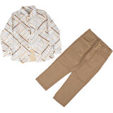 Erkek Çocuk Beyaz Kahve Renkli Çizgi Baskılı Gömlekli Pantolon Emoji Badili 3'lü Takım