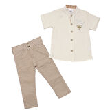 Erkek Çocuk Ekru Bej Palmiye Desenli Hakim Yaka Müslin Gömlek 2'li takım
