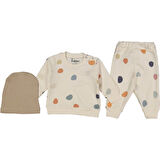 Erkek Bebek Ekru Renkli Puanlı Bereli 3'li Takım