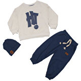 Erkek Çocuk Beyaz Mavi Hİ Baskılı Bereli 3 Lü Takım