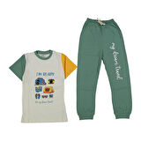 Erkek Çocuk Ekru Yeşil Yakalı Kamp Baskılı Pijama Takımı