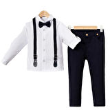 Erkek Çocuk Beyaz Laci Pantolonlu Papyonlu Salopetli 3'lü Takım