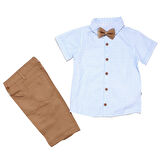 Erkek Çocuk Beyaz Mavi Kahve Desenli Gömlekli Papyonlu Askılı Kısa Kol 3'lü Takım