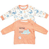 Erkek Bebek Ekru Turuncu Little Dinolu Baskılı 2'li Body Set