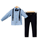 Erkek Çocuk Mavi Lacivert Pantolonlu Nokta Denli Gömlekli Papyonlu Askılı Uzun Kol 3'lü Takım