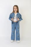Kız Çocuk Stitch ve Çiçek Nakışlı İkili Denim Takım