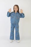 Kız Çocuk Stitch ve Çiçek Nakışlı İkili Denim Takım