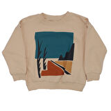 Erkek Çocuk Ekru Mavi Manzara Baskılı Çizgili Pantolonlu 2'li Takım