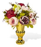 Yapay Çiçek Aranjmanı Fuşya Pembe Gülkurusu Rengi Gold Cam Vazoda Nişan Çiçeği İsteme Çiçeği