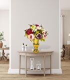 Yapay Çiçek Aranjmanı Fuşya Pembe Gülkurusu Rengi Gold Cam Vazoda Nişan Çiçeği İsteme Çiçeği