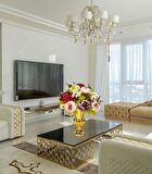 Yapay Çiçek Aranjmanı Fuşya Pembe Gülkurusu Rengi Gold Cam Vazoda Nişan Çiçeği İsteme Çiçeği