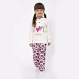 Kız Çocuk Ekru Fuşha Cool Kalp Baskılı 2'li Pijama Takımı