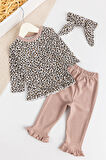 Leopar Desenli Bandanalı 3'lü Kız Bebek Takım Bebek Alt Üst Takım
