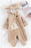 Tavşan İşlemeli Kapüşonlu Welsoft Peluş Kışlık Kız Bebek Tulum