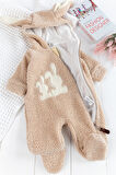 Tavşan İşlemeli Kapüşonlu Welsoft Peluş Kışlık Kız Bebek Tulum
