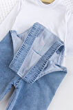 Kız Bebek Çiçek Nakışlı Pamuklu 2'li Denim Şık Kot Salopet Tulum Takım