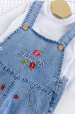 Kız Bebek Çiçek Nakışlı Pamuklu 2'li Denim Şık Kot Salopet Tulum Takım