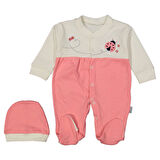 Kız Bebek Pembe Ekru Uğur Böceği Nakışlı Bereli Eldivenli Tulum