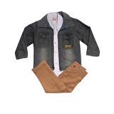 Erkek Çocuk Mavi Ceketli Gömlekli Kahve Pantolonlu Lüx 3'lü Takım