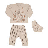 Erkek Bebek Bej Filli Nakışlı Önlüklü Waffle 3'lü Takım