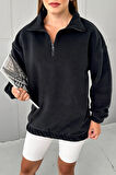 Kadın Siyah Düz Oversize Yarım Fermuarlı Yumuşak Dokulu Polar Polo Yaka Sweatshirt