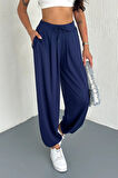 Oslo Kadın Beli Bağcıklı Salaş Modal Şalvar Lacivert Pantolon – Rahat Kesim Günlük Stil