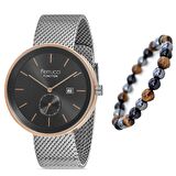 Ferrucci Gümüş Renk 1. Sınıf Çelik Erkek Kol Saat Doğal Taş Bileklik Hediyeli