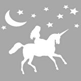 Unicornla Koşan Kız Stencil Boyama şablonu 30x30cm, Duvar Stencil, Fayans Stencil, Mobilya Stencil