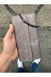 Karalı Hakiki Deri Crazy Telefonluk Unisex Cüzdan Bileklik Hediyeli- Gri Gtc-8