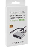 Hytech Destekli 4k Usb-C - Hdtv + Vga + Usb - Tip C Adaptör 4'ü 1 Arada Hy-Usbc22