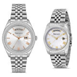 Gün ve Tarih Takvimli Jübile Kordon Çelik Sevgili Çift Kol Saat+Bileklik Hediyeli