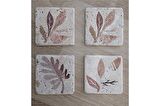 Pembe Desenli Yapraklar Doğal Taş Bardak Altlığı 4'lü set - Natural Stone Coasters