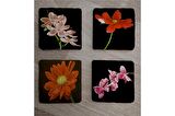 Siyah Zemin Orkide ve Gerbera Çiçekleri Doğal Taş Bardak Altlığı 4'lü set - Natural Stone Coasters