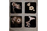Siyah Zemin Lale Gerbera ve Çiçekler Doğal Taş Bardak Altlığı 4'lü set - Natural Stone Coasters