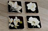 Siyah Zemin Orkide Gerbera ve Çiçekler Doğal Taş Bardak Altlığı 4'lü set - Natural Stone Coasters