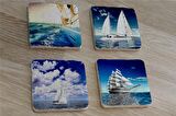 Deniz ve Yelkenliler Doğal Taş Bardak Altlığı 4'lü set - Natural Stone Coasters