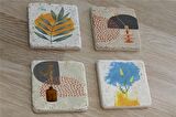 Soyut Çiçek Yaprak ve Objeler Doğal Taş Bardak Altlığı 4'lü set - Natural Stone Coasters