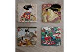 Japon Sanatı Kadınları Doğal Taş Bardak Altlığı 4'lü set - Natural Stone Coasters