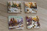 Karlı Orman Manzaraları Doğal Taş Bardak Altlığı 4'lü set - Natural Stone Coasters