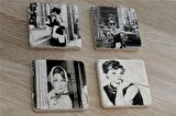 Siyah Beyaz Audrey Hepburn Fotoğrafları Doğal Taş Bardak Altlığı 4'lü set - Natural Stone Coasters