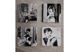 Siyah Beyaz Audrey Hepburn Fotoğrafları Doğal Taş Bardak Altlığı 4'lü set - Natural Stone Coasters
