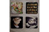 Kitaplar Sokak Bira Şişeleri ve Fotoğraf Makinesi Doğal Taş Bardak Altlığı 4'lü set - Natural Stone Coasters