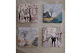 Modern Şehir ve Manzaralar Doğal Taş Bardak Altlığı 4'lü set - Natural Stone Coasters