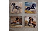 Şaha Kalkmış Atlar Doğal Taş Bardak Altlığı 4'lü set - Natural Stone Coasters