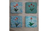 Ebru Laleler Doğal Taş Bardak Altlığı 4'lü set - Natural Stone Coasters