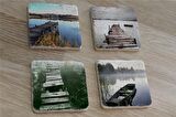 Gölde İskele ve Kayık Manzaraları Doğal Taş Bardak Altlığı 4'lü set - Natural Stone Coasters