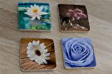 Mavi Gül ve Çiçekler Doğal Taş Bardak Altlığı 4'lü set - Natural Stone Coasters