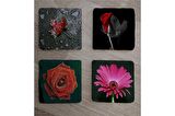 Kırmızı Gül ve Gerbera Doğal Taş Bardak Altlığı 4'lü set - Natural Stone Coasters